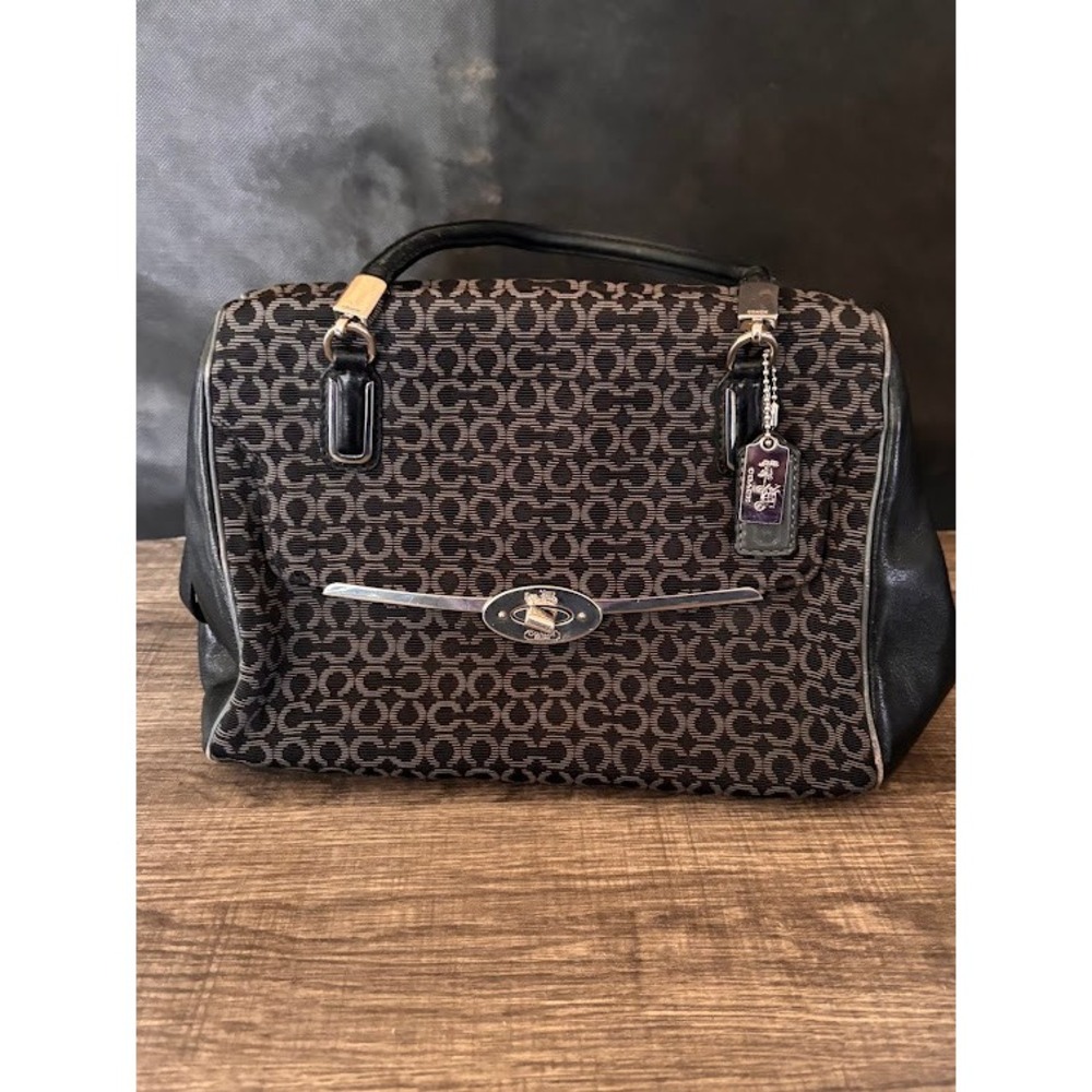 Coach Signature Canvas Leather Trim Satchel Handbag Purse Black Gray‎